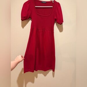 Blue Sand Red Knit Dress | Made in Italy | Puff Sleeve Midi